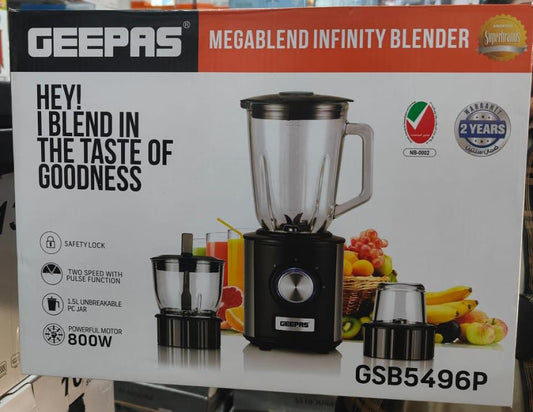 Geepas gsb5496p Megablend Infinity Blender packaging with product and features displayed.