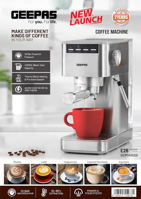 Geepras gcm1415ss coffee machine with a red cup and coffee being poured