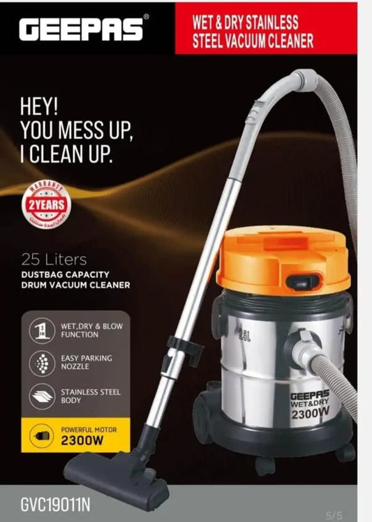 Geepas gvc19011n wet and dry stainless steel vacuum cleaner with features highlighted on a dark background