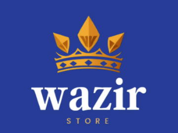 Wazir Store logo with a gold crown on a blue background